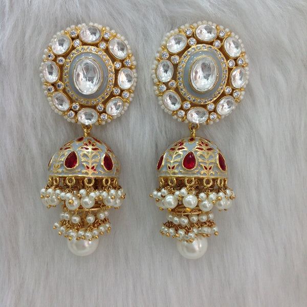 Glorious Grey Meenakari Kundan Pearl Jhumka Earrings