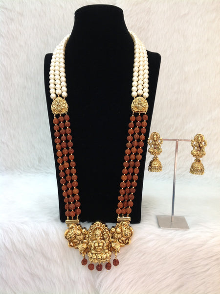 Rudraksh With Goddess Laxmi Pendant And Shell Pearl Necklace Set