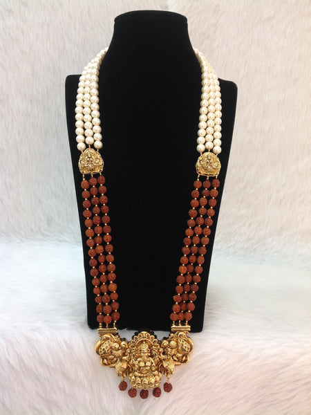 Rudraksh With Goddess Laxmi Pendant And Shell Pearl Necklace Set