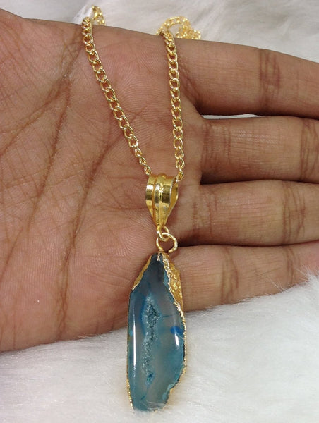 Teal Blue Agate Stone Chain Pendant Necklace