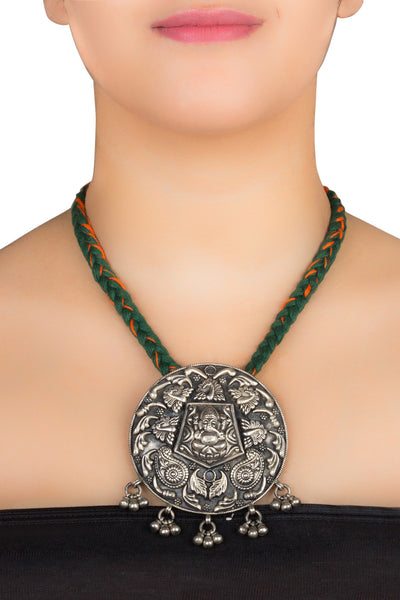 Ganesha Black 925 Silver Overlay Medallion Temple Necklace