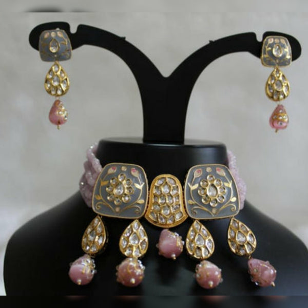 Glam Grey Meena and Pink Gemstones Kundan Choker Necklace