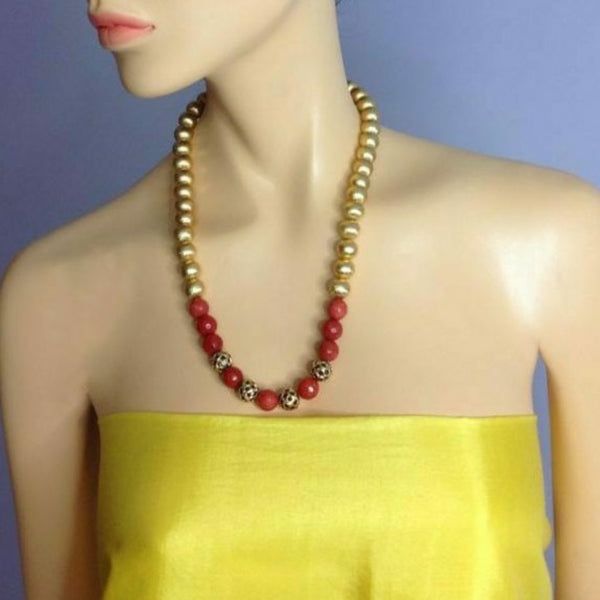 Enigmatic Pastel Red Gemstones Golden Beads Necklace