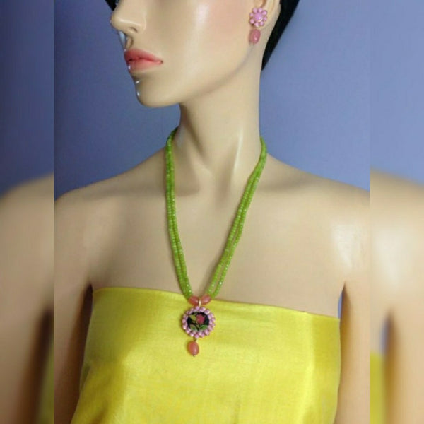 Two Stranded Lime Green with Handcarved Pendant and Pink Lemonade Necklace Set