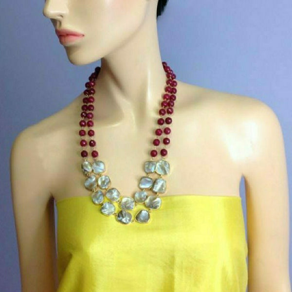 Marron Gemstone With Mother Of Pearl Necklace Set