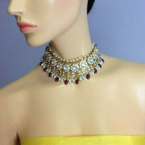 Magnetic Ruby Red Gemstones Kundan And Pearl Choker Necklace Set