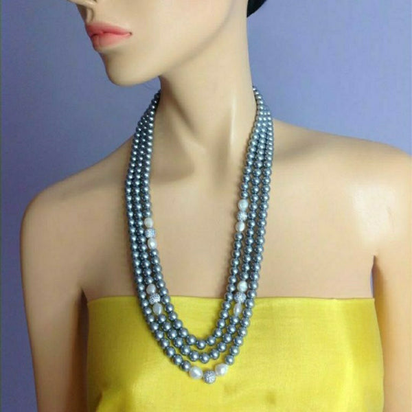 Three Stranded Silver & Freshwater Pearls Necklace