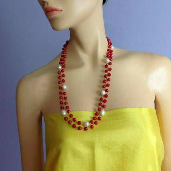 Red Synthetic Coral Beads With Fresh Water Pearl