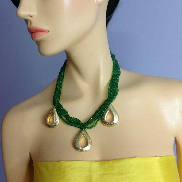 Parakeet Green Beads Golden Droplet Pendant Necklace