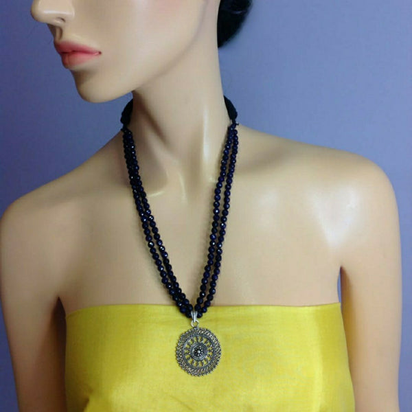 Blissful Royal Blue Beads and Abstract Pendant Silver Necklace