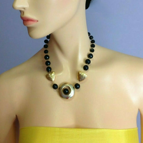 Bold Black Agates with Golden Circle Necklace