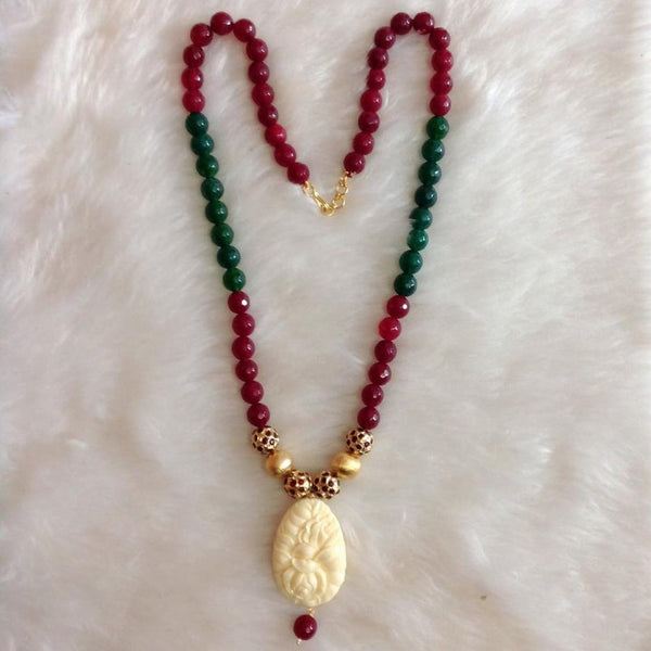 Endearing Maroon Red and Green Gems with Handcarved Coral Pendant Necklace