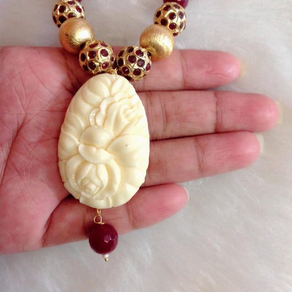 Endearing Maroon Red and Green Gems with Handcarved Coral Pendant Necklace