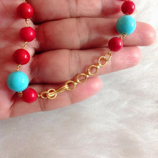 Ravishing Red Pearls With Turquoise Gold Pendant Necklace