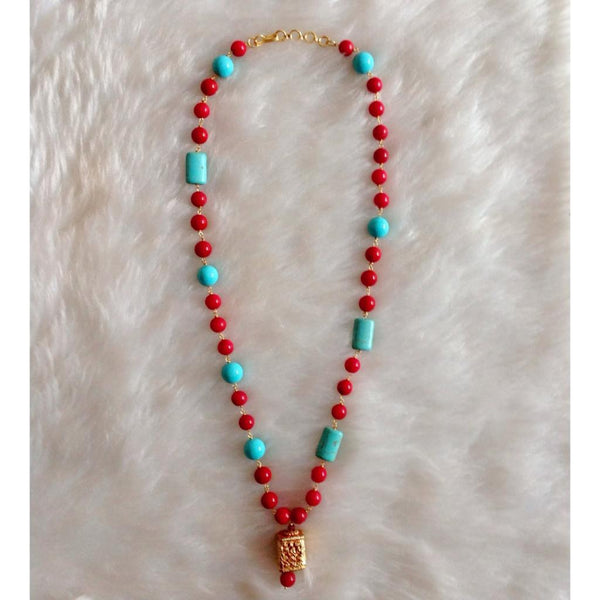 Ravishing Red Pearls With Turquoise Gold Pendant Necklace