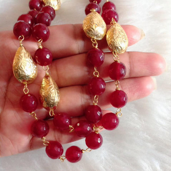Marvelous Maroon Red with Handcarved Gold Droplets Necklace
