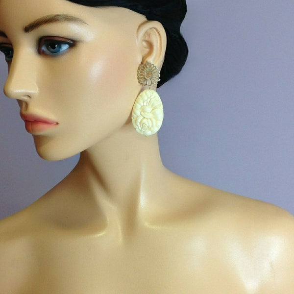 Handcarved Creme Rose Dressy Earrings