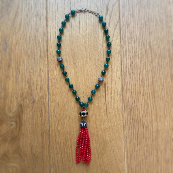 Gorgeous Green Gems with Beaded Red Tassel Necklace