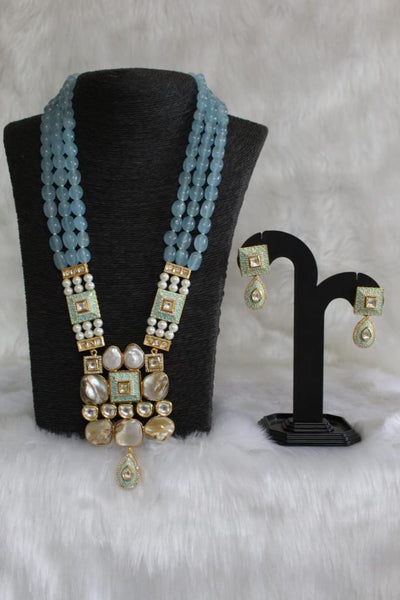 Imperial Blue MOP Pearls Meena Beads Necklace Set