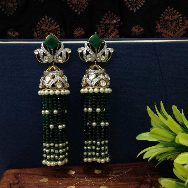 Elegant Emerald Green Crystal And Kundan Long Earrings