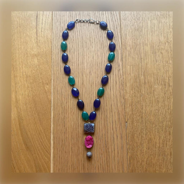 Admirable Green & Blue Gemstone With Druzy Pendant Necklace