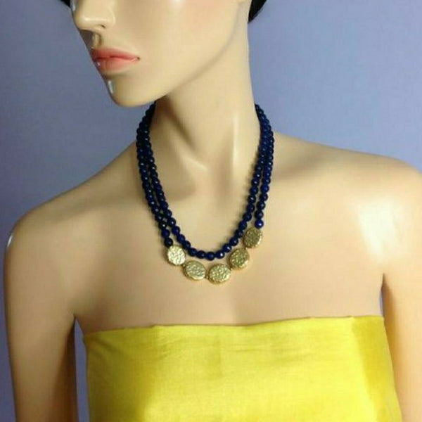 Delightful Blue Gemstones with Golden Handcarved Oval Necklace