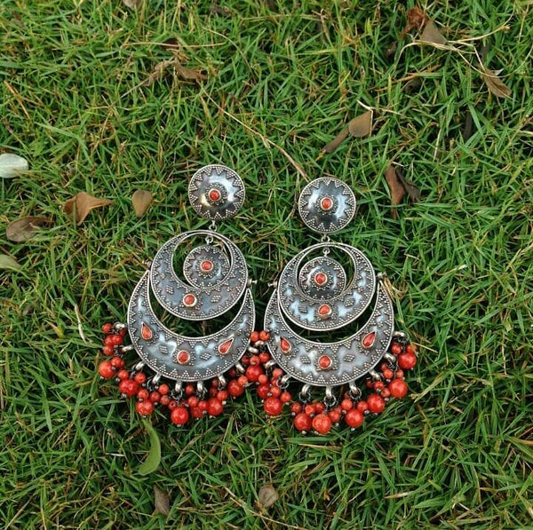 Ornamental Red Silver Chandbaali Long Earrings