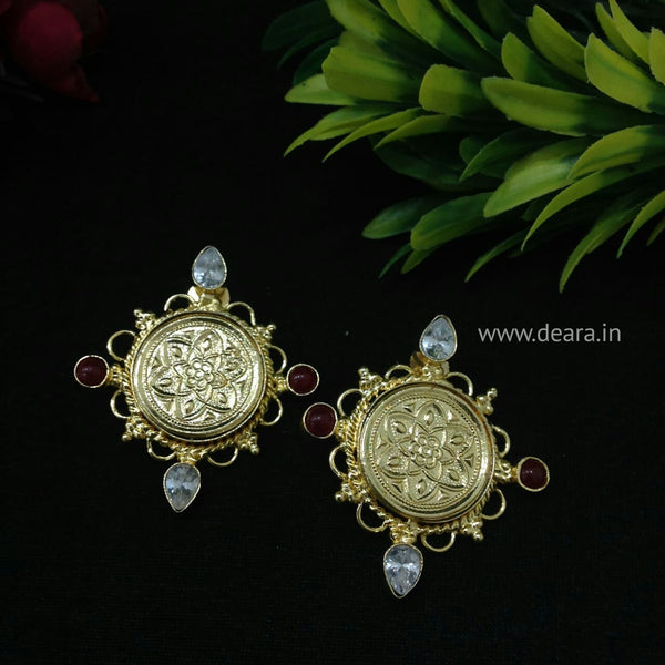 Golden Floral Embossed Circlet Drop Earring