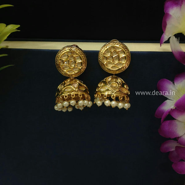 Golden Touch of Enamel Kundan and Pearls Jhumka Earrings