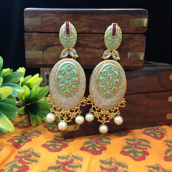 Sensational Seafoam Green Kundan And Crystal Long Earrings