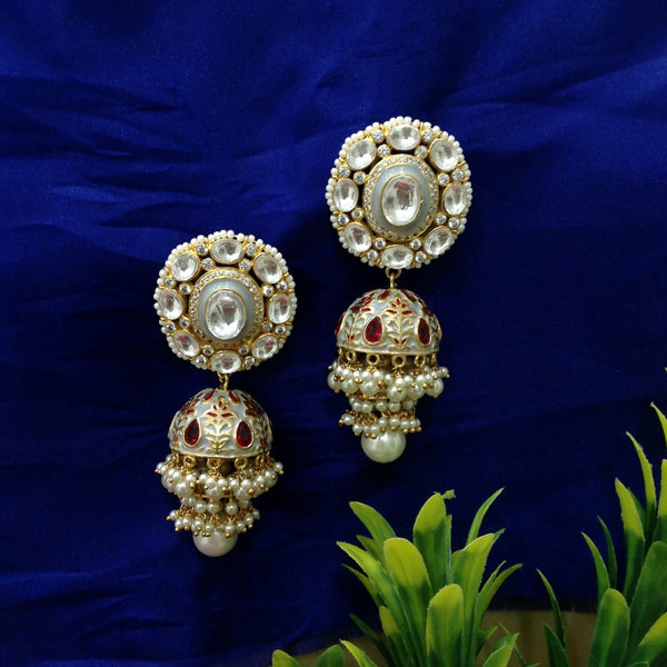 Glorious Grey Meenakari Kundan Pearl Jhumka Earrings