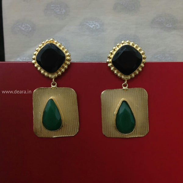 Glamourous Black Green Onyx Long Statement Earrings