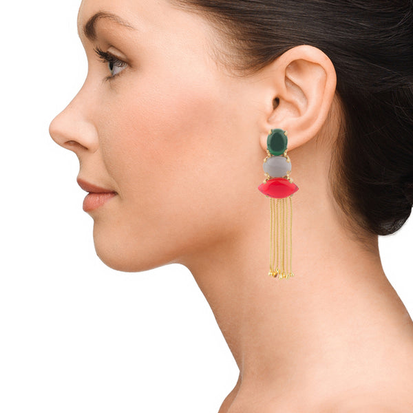 Green Grey and Red Long Dressy Earrings