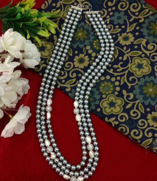 Three Stranded Silver & Freshwater Pearls Necklace