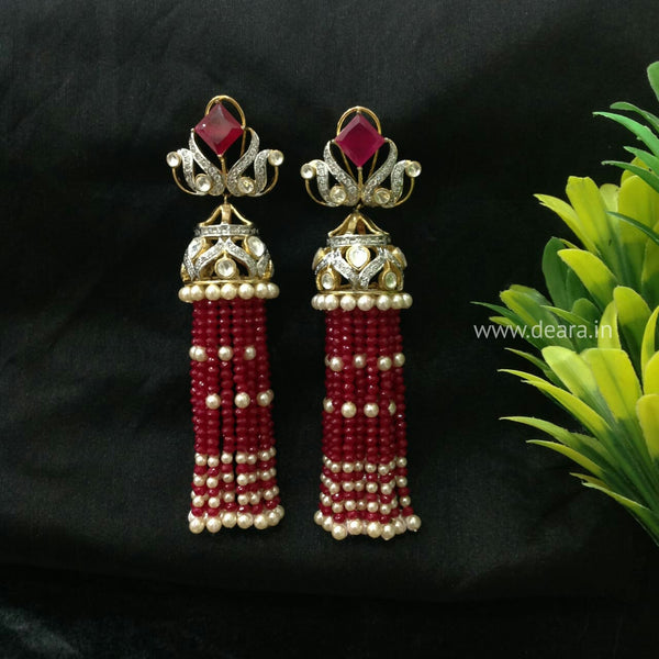 Charismatic Crimson Red Crystal And Kundan Long Earrings