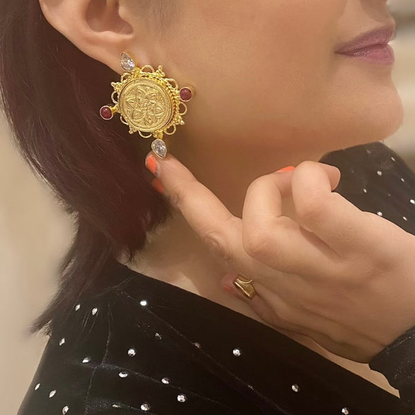 Golden Floral Embossed Circlet Drop Earring