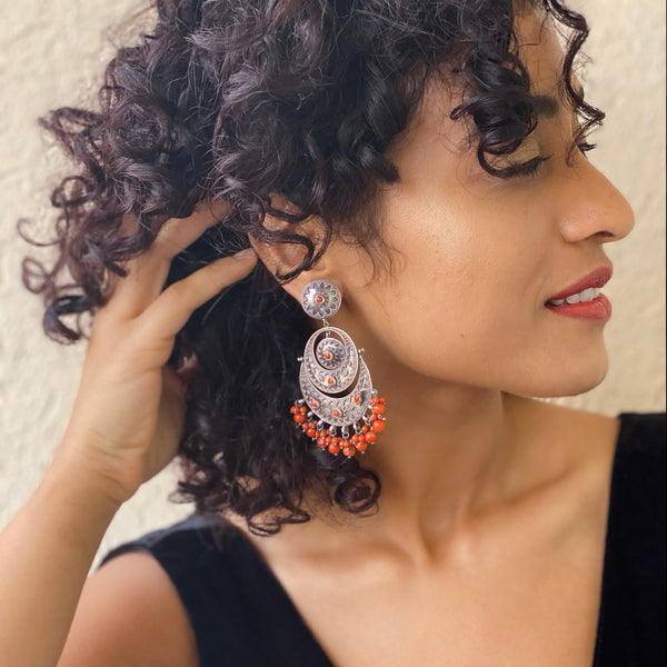 Ornamental Red Silver Chandbaali Long Earrings