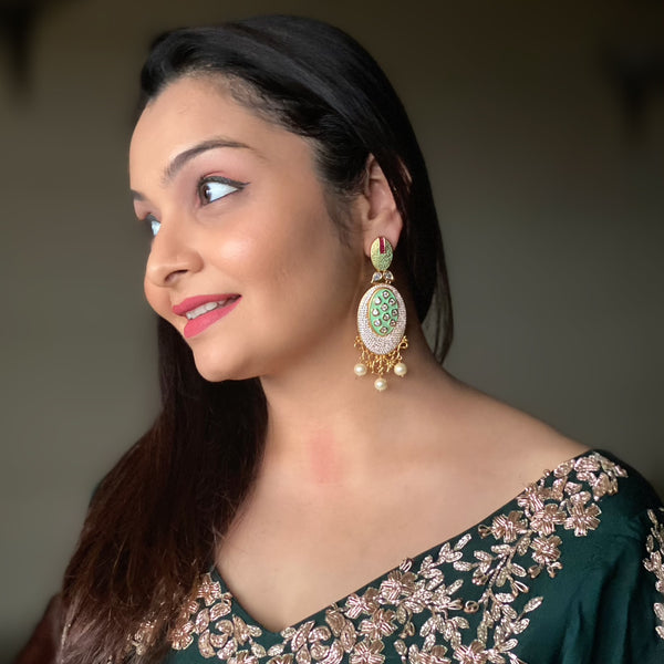 Sensational Seafoam Green Kundan And Crystal Long Earrings